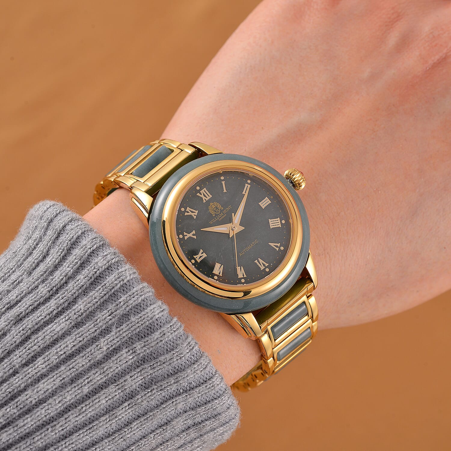 Limited Edition William Hunt Automatic Movt. 3ATM Water Resistant Type A Natural Jadeite (80 Ct) Blue Sapphire Crystal Dial Watch ( 36 mm - case )